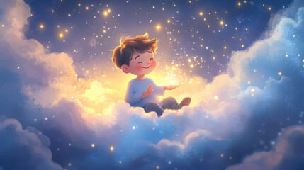 Obraz premium Boy With Joyful Expression Sitting on Clouds During a Starry Night, Surrounded by Sparkling Lights and a Serene Atmosphere