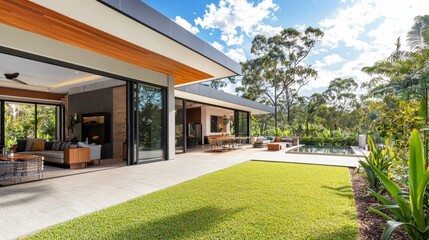 Naklejka premium Modern Outdoor Living Space with Pool and Lush Greenery Surroundings