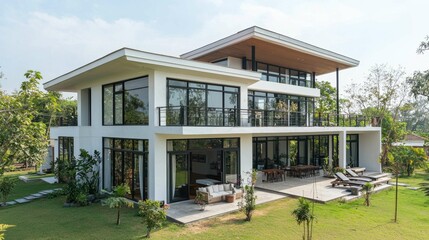 Fototapeta premium Modern Two-Story House Surrounded by Lush Green Landscape