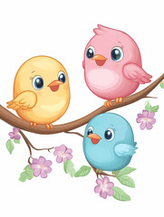 Fototapeta premium Three cute cartoon birds, in yellow, pink, and blue, sitting together on a branch with flowers.