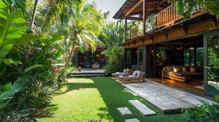 Obraz premium Luxurious Tropical Villa Surrounded by Lush Greenery and Palm Trees