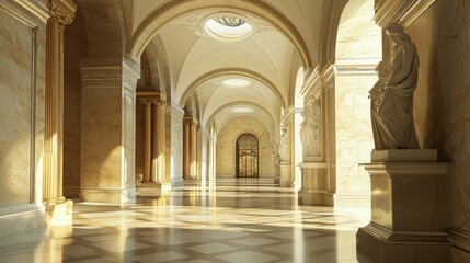 Obraz premium Elegant Marble Hallway with Statues and Soft Natural Light