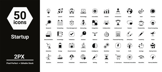 startup icons set such as, 	app, business, creativity, design, discover, editable, element, explore, icon, illustration, knowledge, line, linear, lined, mobile, motivation, vector stock illustration