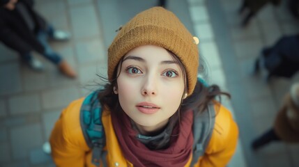 Upward Gaze: A Young Woman Looks Upwards in a City Street