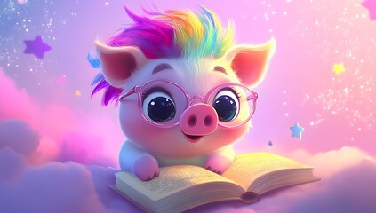 Fototapeta premium A cute little pig wearing glasses is reading an open book, with bright stars in the background