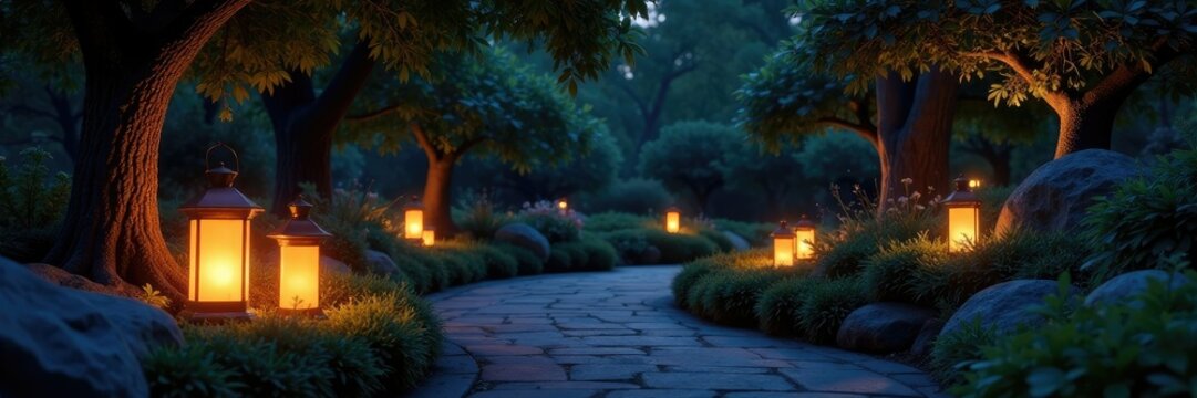 A tranquil garden at night with soft glowing lights and shadows created by lanterns and candles, shadows, serene, peaceful