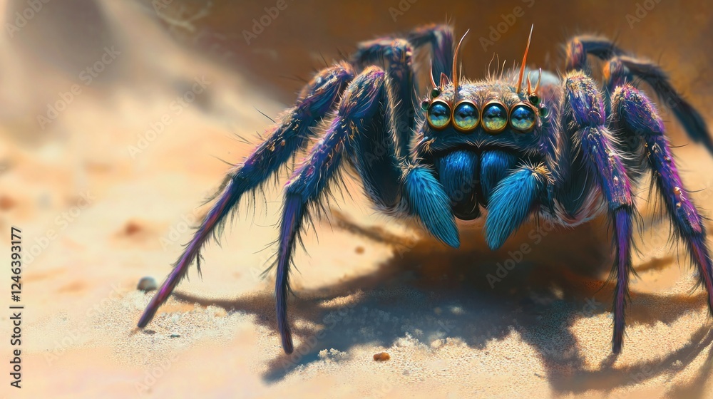 Poster a vividly detailed close-up of a spider showcasing its vibrant colors and intricate features.