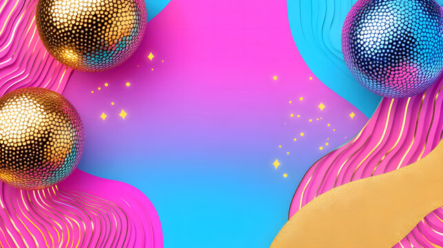 Celebrate the 70s with an exciting disco-inspired design featuring colorful waves, shiny disco balls, and a backdrop of vibrant tones.