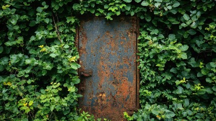 Old Rusty Door Surrounded by Lush Green Foliage and Plants