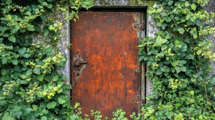Weathered Metal Door Surrounded by Lush Green Vines and Plants