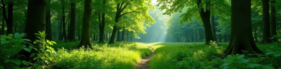 Obraz premium A small clearing in the forest with sunlight filtering through, green space, shaded area, forest clearing