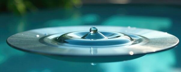 A single water droplet on an aluminum plate in a shallow pool, still life, simple, abstract