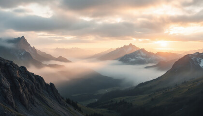 Majestic Sunset Over Misty Mountain Peaks