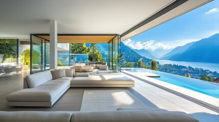 Modern Living Room with Scenic View of Lake and Mountains