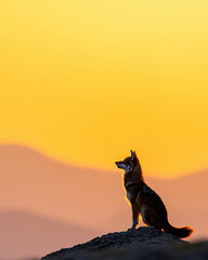 solitary wolf stands on mountain ridge, gazing at sunset