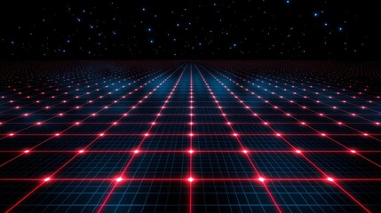 Featuring a mesmerizing digital grid pattern, this design enchants with glowing red lines and dots on a deep blue grid, delivering a captivating high-tech ambiance perfect for art lovers