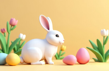 Easter bunny and easter eggs, 3D render.