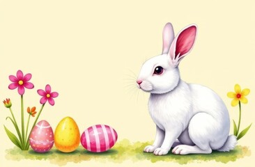 White rabbit and a few colorful eggs and summer flowers on pastel beige background, watercolor painting, free space for text.