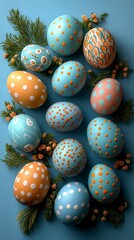 Fototapeta premium Minimalist Easter Dragon Eggs Arrangement on Blue Background with Decorative Elements