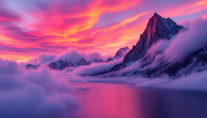 Obraz premium Majestic Mountain Sunset: A Serene Landscape