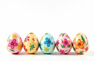 Colorful eggs with flower pattern, free space on top of image for text, white background.