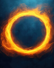 vibrant orange fire ring against dark blue background, creating surreal effect