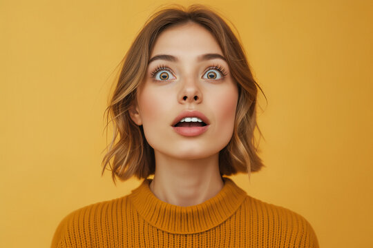 close-up portrait of a surprised young woman with shoulder-length blonde hair wearing a yellow sweater
