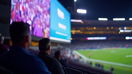 Spectators Enjoying a Night Game at a Stadium with a Large Screen Displaying Highlight
