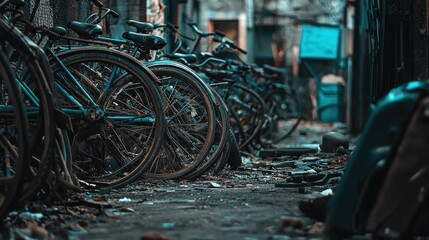 Fototapeta premium Abandoned Bicycles Lined Along a Narrow, Overgrown Pathway