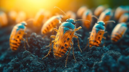 Golden beetles moving on dark soil at sunrise