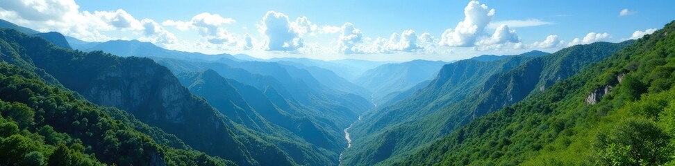 Towering mountains covered in green vegetation and a bright blue sky, landscape, nature