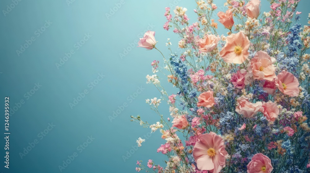 Poster Pastel flowers on blue background.