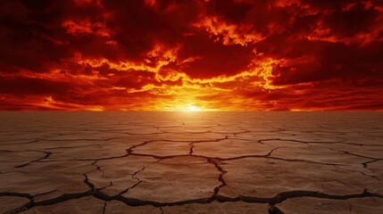 A dramatic sunset over a cracked, dry landscape, highlighting themes of drought and environmental change.