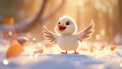 A cute little white duckling, with a happy expression, standing on the snow-covered ground