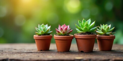 Fototapeta premium Tiny succulents in small terracotta pots on a wooden surface, natural, tiny
