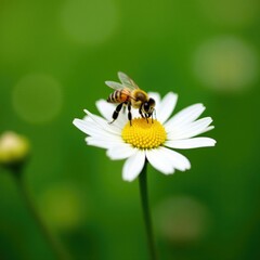 Tiny bee picks up pollen from a small white daisy, bloom, green, yellow