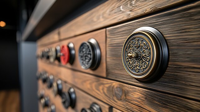 Close-up of ornate cabinet knobs on a wooden surface, showcasing intricate designs and textures