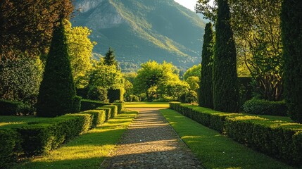 Fototapeta premium Serene Garden Pathway Among Lush Greenery Under Bright Sunlight