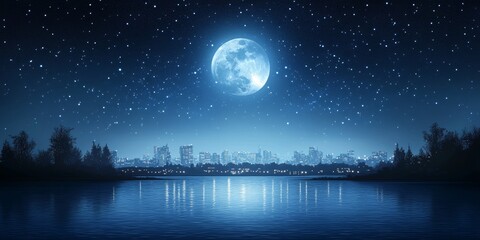 Bright, Full Moon Over City Skyline Reflected In Calm Water Under Beautiful, Starry Night Sky