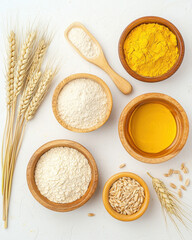 Natural baking ingredients with wheat and spices for artisan recipes