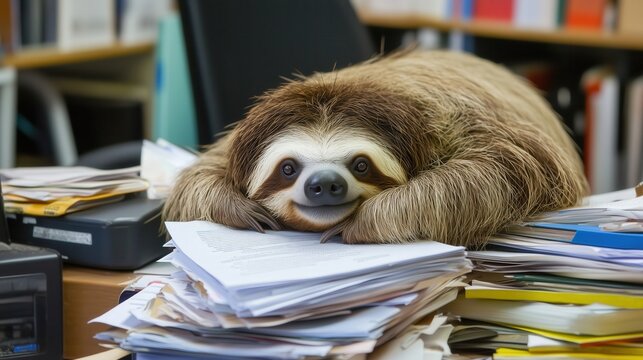 Sloth relaxing on a desk full of papers