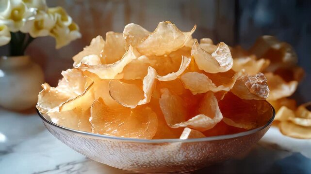Golden crispy potato chips served in a transparent glass bowl with mint leaves garnish. Sunlit kitchen background adds a fresh, appetizing feel