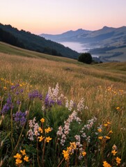 Naklejka premium Idyllic mountain landscape with wildflowers at sunrise
