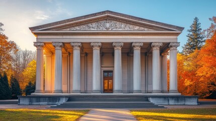 Obraz premium Classical Architecture, Building Facade, Grand Entrance with Columns and Steps, Neoclassical Design