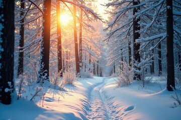 Snow-covered branches sway in the fading sunlight, forest, winter, warm light