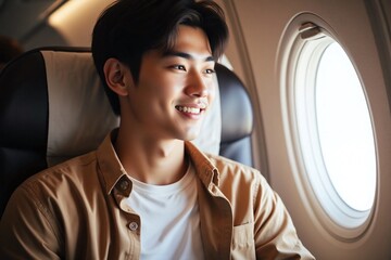 Fototapeta premium young Asian man sitting in airplane enjoying scenery casual outfit
