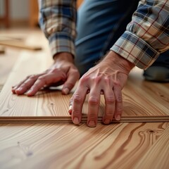 Laying Wood Flooring. Close-up of a worker's hands carefully positioning a piece of engineered wood flooring during installation, showcasing the precision and craftsmanship .