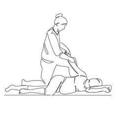 One continuous single drawing line art flat doodle pregnant woman, massage, relaxation, massage therapist, osteopath, preparation for childbirth. Isolated image hand draw contour on a white background