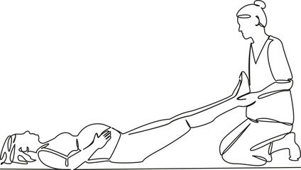 One continuous single drawing line art flat doodle exercises, pregnant women, osteopath, help, medicine, doctor. Isolated image hand draw contour on a white background, hand drawn, not AI