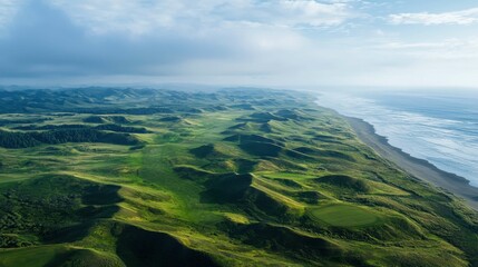 Naklejka premium Aerial View of Lush Green Coastal Landscape with Ocean Horizon